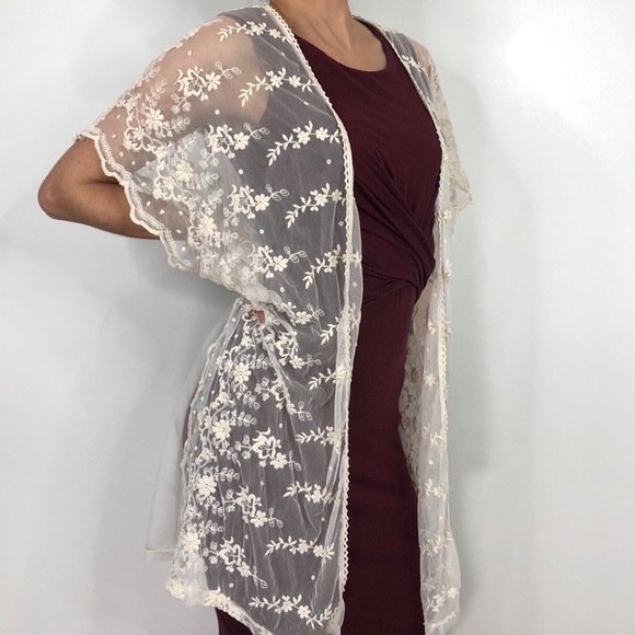 Haute Society Tops - SOLD Haute Society Cream Floral Lace Sheer Boho Kimono